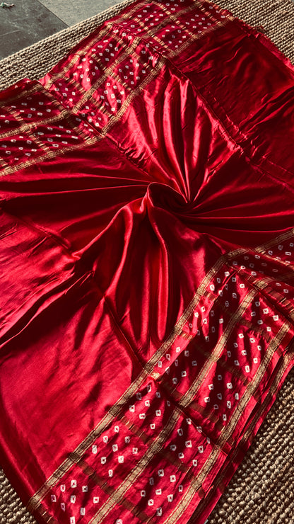 Tie & Dye Handknotted Gharchola Bandhej Pure Gajji Silk Saree - Red