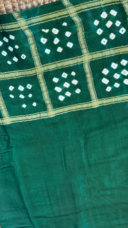 Tie & Dye Handknotted Gharchola Bandhej Pure Gajji Silk Saree - Bottle Green