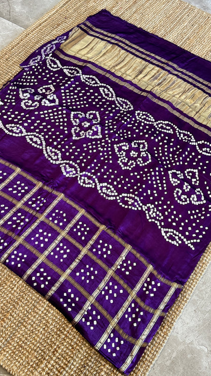 Tie & Dye Handknotted Gharchola Bandhej Pure Gajji Silk Saree - Royal Purple