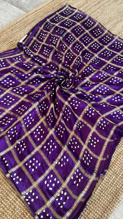 Tie & Dye Handknotted Gharchola Bandhej Pure Gajji Silk Saree - Royal Purple