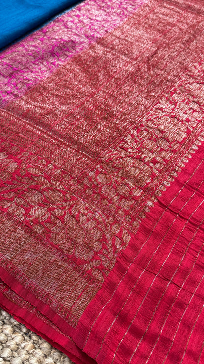 Pure Tussar Banarasi Silk Handloom-Blue|Silk Mark Certified