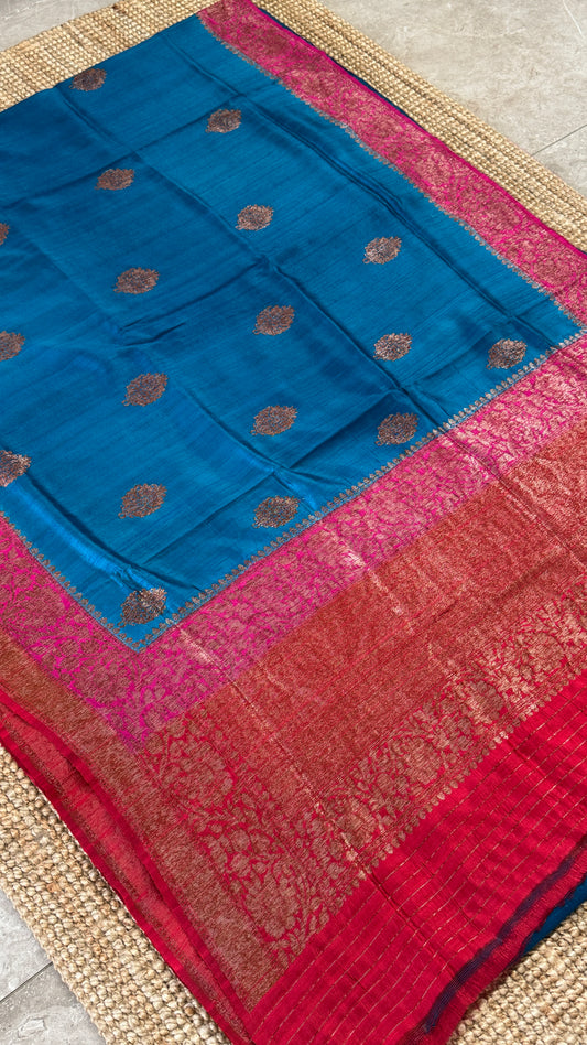 Pure Tussar Banarasi Silk Handloom-Blue|Silk Mark Certified