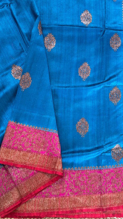 Pure Tussar Banarasi Silk Handloom-Blue|Silk Mark Certified