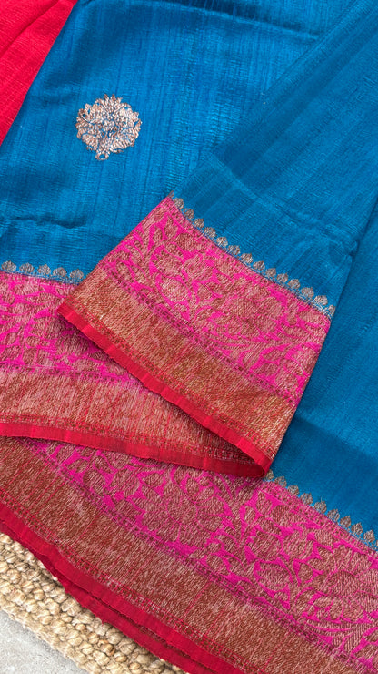 Pure Tussar Banarasi Silk Handloom-Blue|Silk Mark Certified