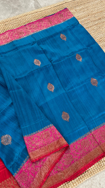 Pure Tussar Banarasi Silk Handloom-Blue|Silk Mark Certified
