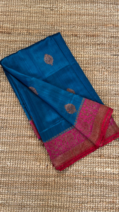 Pure Tussar Banarasi Silk Handloom-Blue|Silk Mark Certified