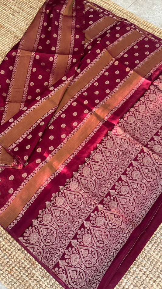 Soft Tissue Silk Saree – Elegant Wine with Intricate Zari Weaving
