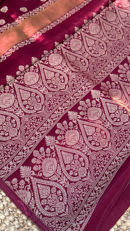 Soft Tissue Silk Saree – Elegant Wine with Intricate Zari Weaving