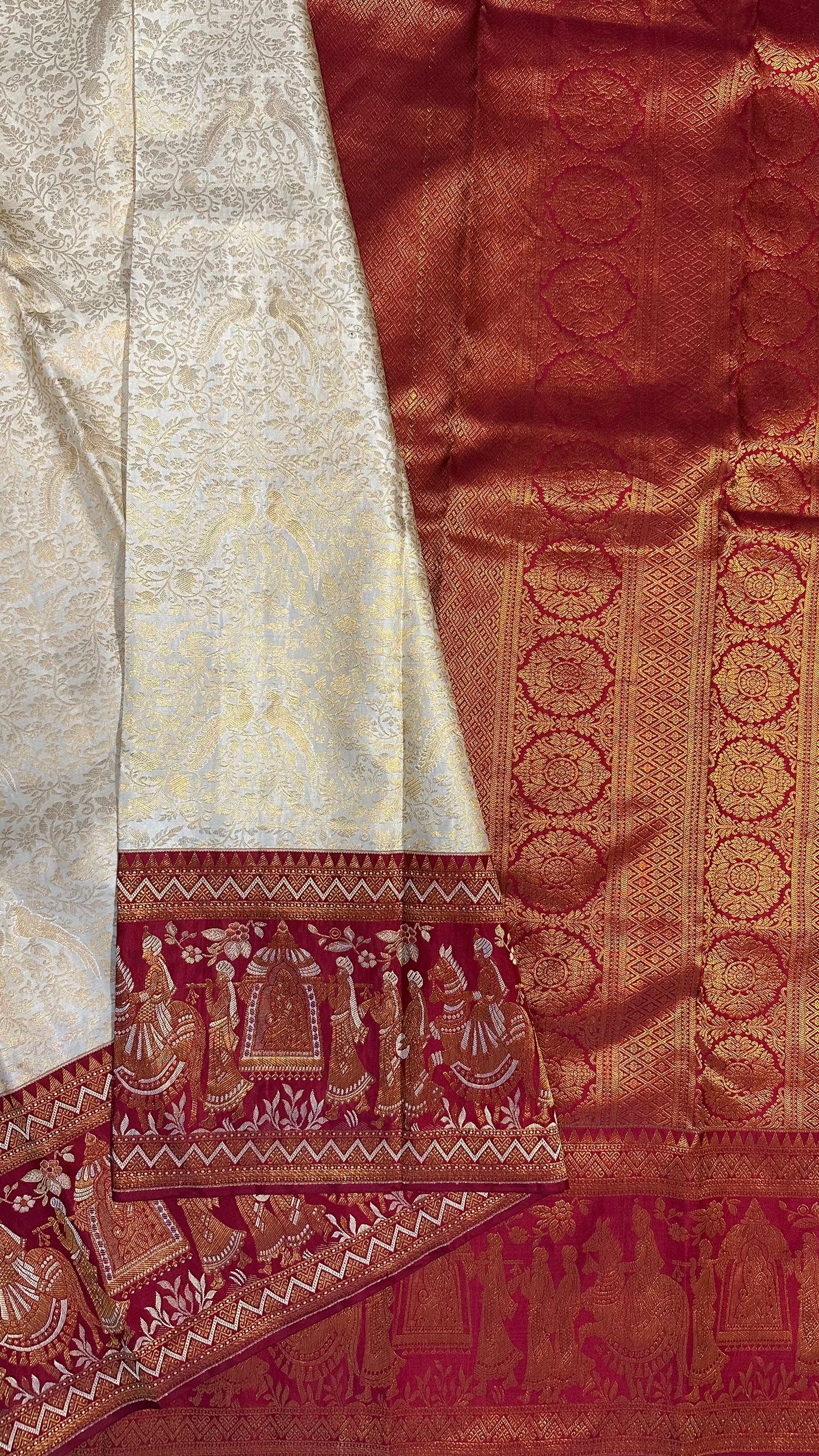 White & Deep Red Bridal Pure Kanchipuram Silk Saree | Silk Mark Certified