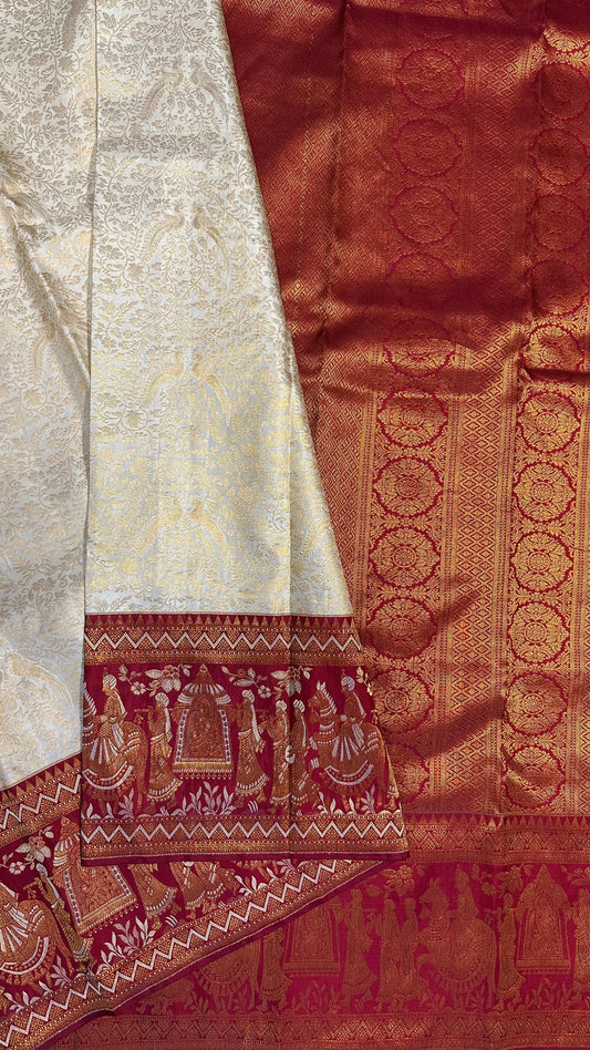 White & Deep Red Bridal Pure Kanchipuram Silk Saree | Silk Mark Certified
