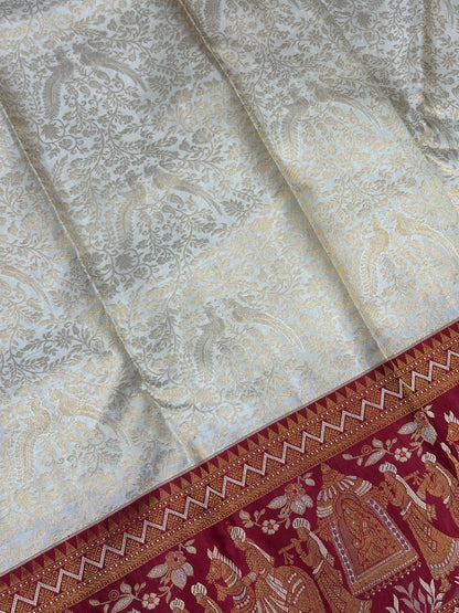 White & Deep Red Bridal Pure Kanchipuram Silk Saree | Silk Mark Certified