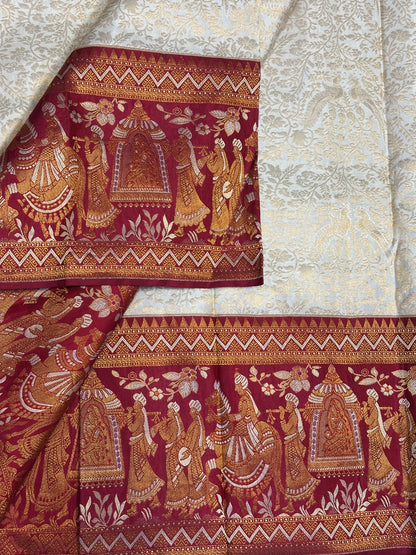 White & Deep Red Bridal Pure Kanchipuram Silk Saree | Silk Mark Certified