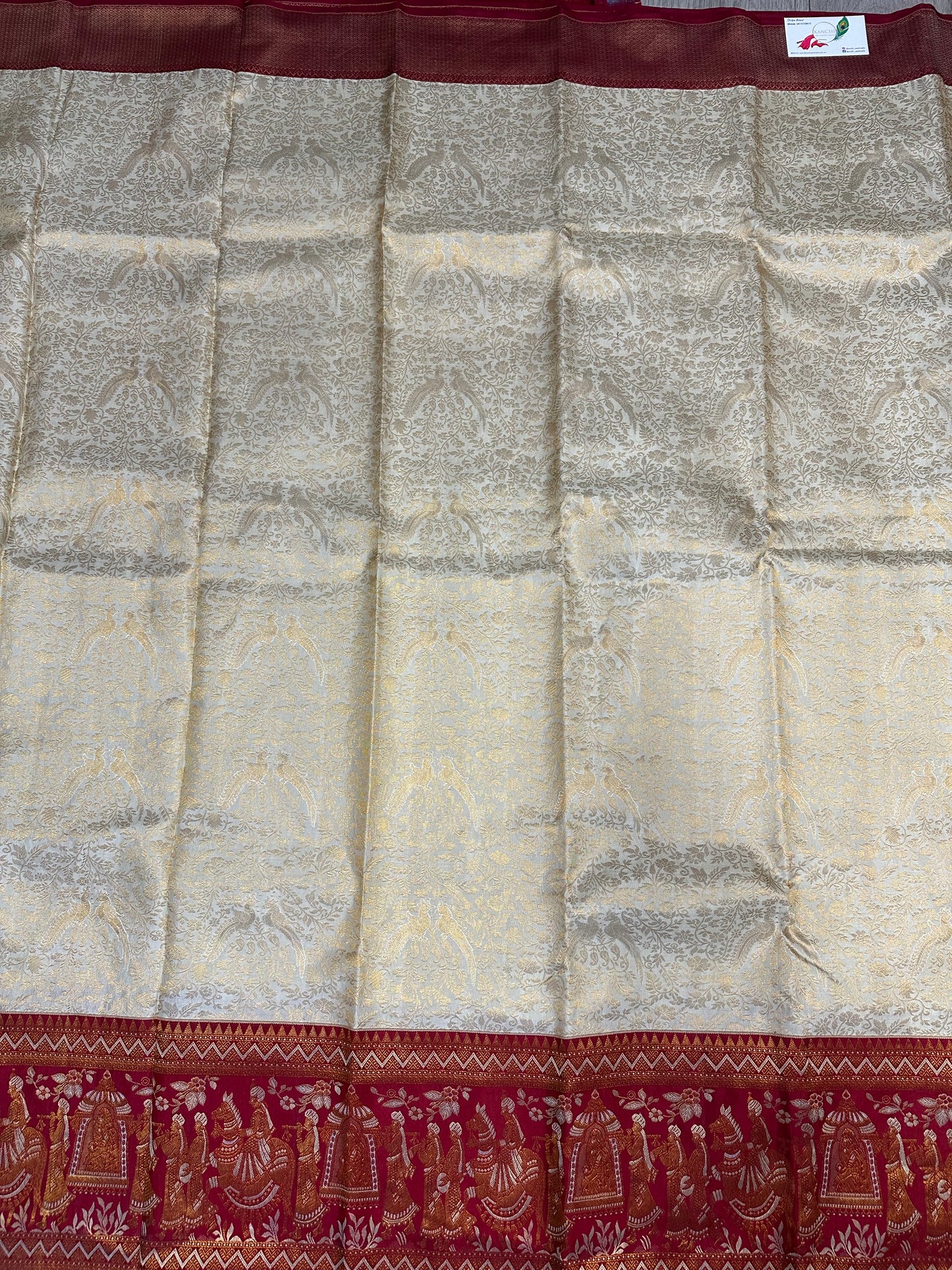 White & Deep Red Bridal Pure Kanchipuram Silk Saree | Silk Mark Certified