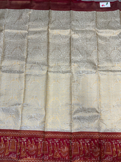 White & Deep Red Bridal Pure Kanchipuram Silk Saree | Silk Mark Certified