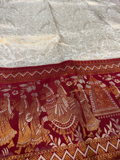 White & Deep Red Bridal Pure Kanchipuram Silk Saree | Silk Mark Certified