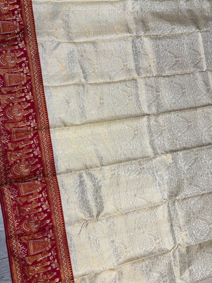 White & Deep Red Bridal Pure Kanchipuram Silk Saree | Silk Mark Certified