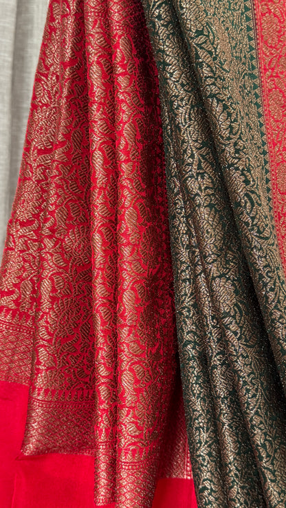 Raw Banarasi Handloom – Bottle Green with Red