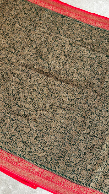 Raw Banarasi Handloom – Bottle Green with Red