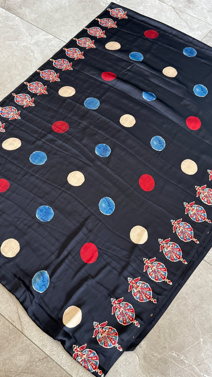 MODAL SILK SAREE WITH DIGITAL AJRAKH PRINTS - BLACK