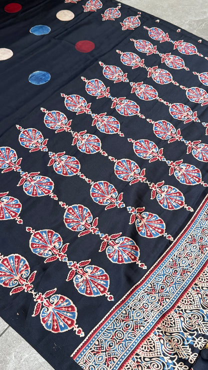 MODAL SILK SAREE WITH DIGITAL AJRAKH PRINTS - BLACK
