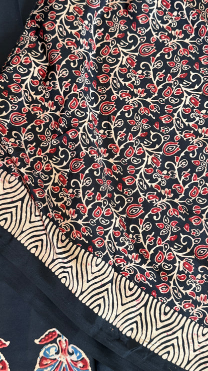 MODAL SILK SAREE WITH DIGITAL AJRAKH PRINTS - BLACK