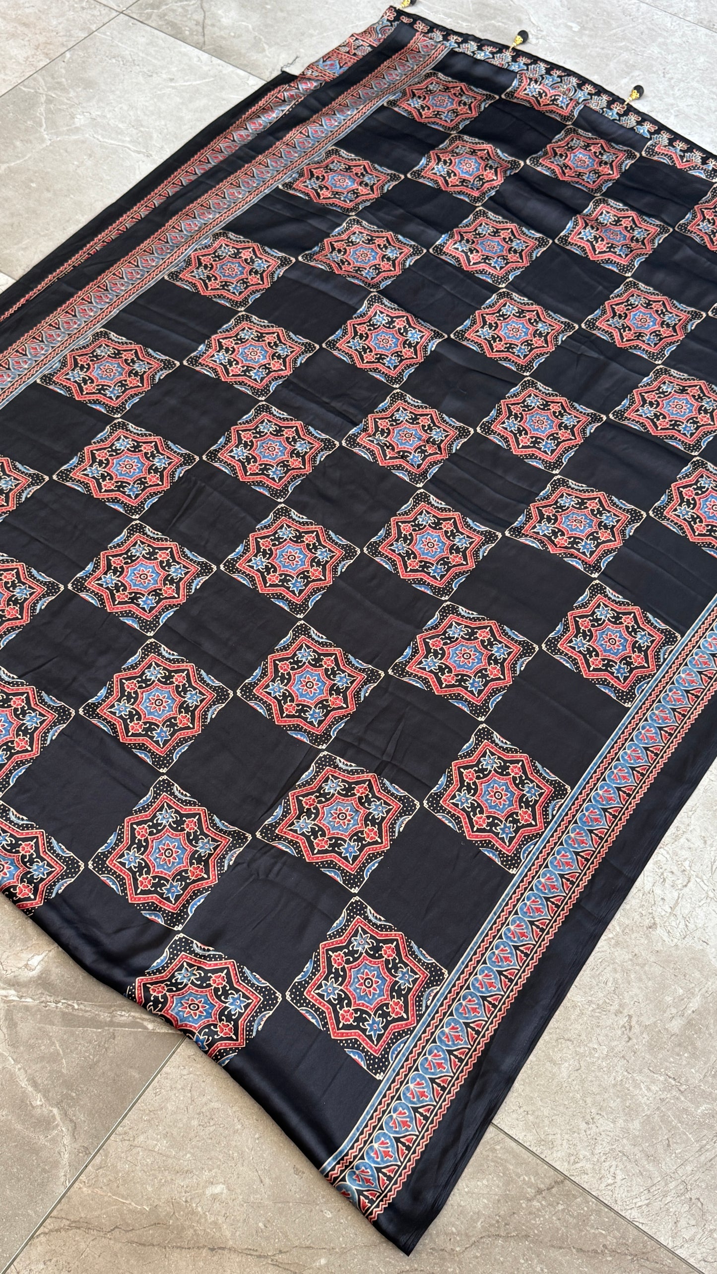 MODAL SILK SAREE WITH DIGITAL AJRAKH PRINTS - BLACK