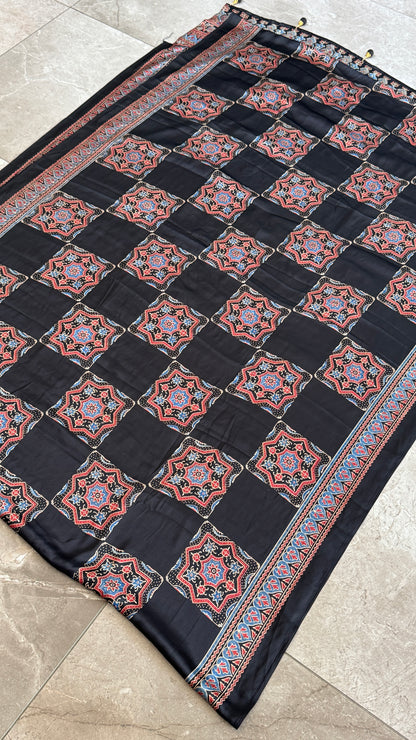MODAL SILK SAREE WITH DIGITAL AJRAKH PRINTS - BLACK