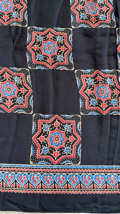 MODAL SILK SAREE WITH DIGITAL AJRAKH PRINTS - BLACK