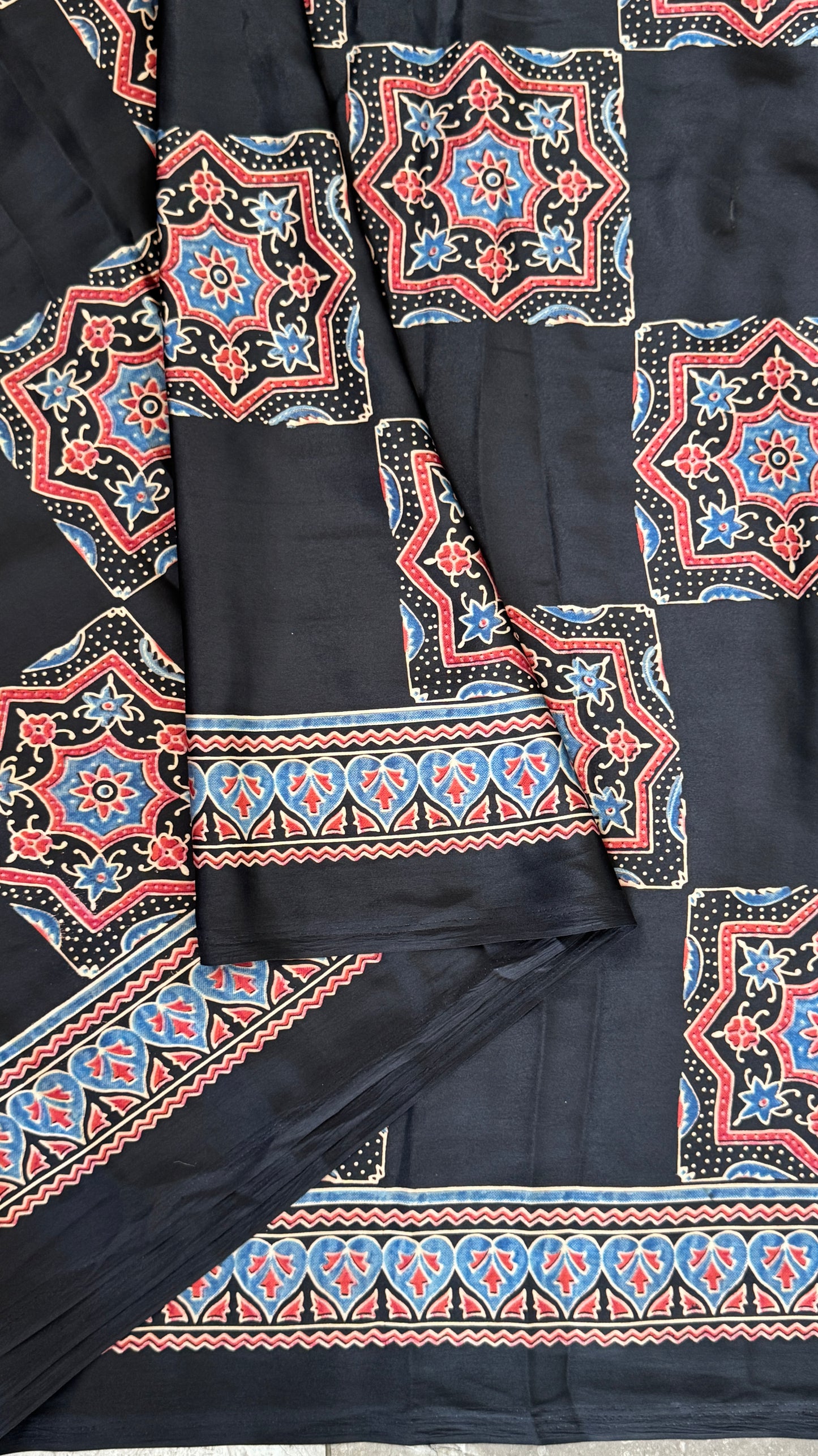 MODAL SILK SAREE WITH DIGITAL AJRAKH PRINTS - BLACK