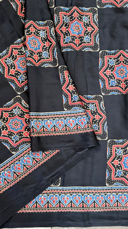 MODAL SILK SAREE WITH DIGITAL AJRAKH PRINTS - BLACK