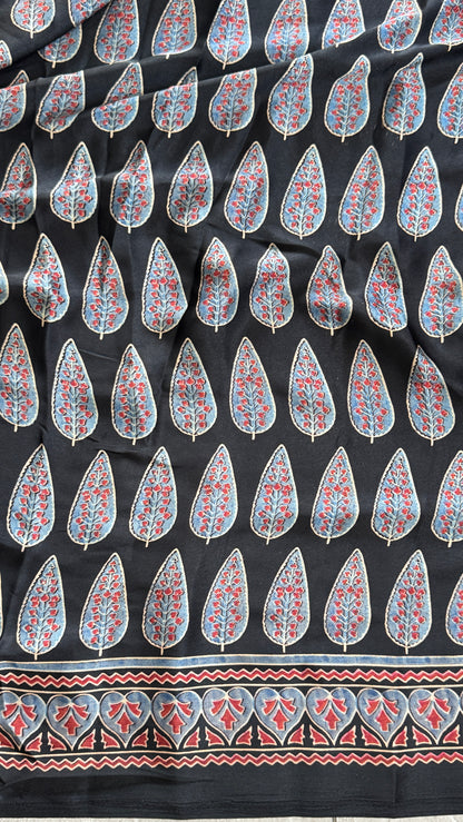 MODAL SILK SAREE WITH DIGITAL AJRAKH PRINTS - BLACK