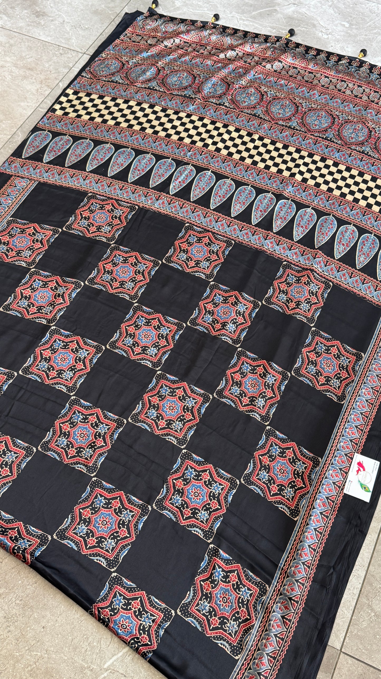 MODAL SILK SAREE WITH DIGITAL AJRAKH PRINTS - BLACK