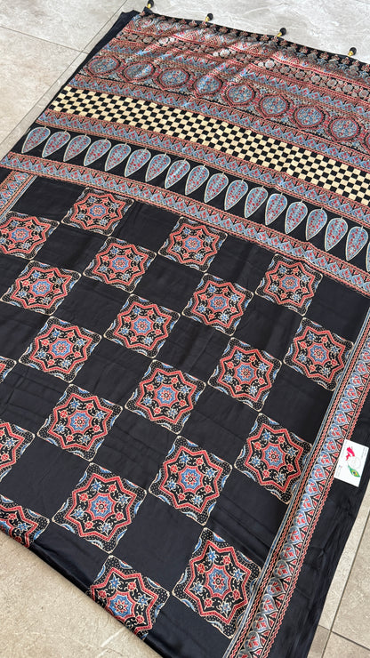 MODAL SILK SAREE WITH DIGITAL AJRAKH PRINTS - BLACK