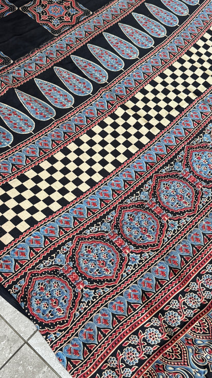 MODAL SILK SAREE WITH DIGITAL AJRAKH PRINTS - BLACK