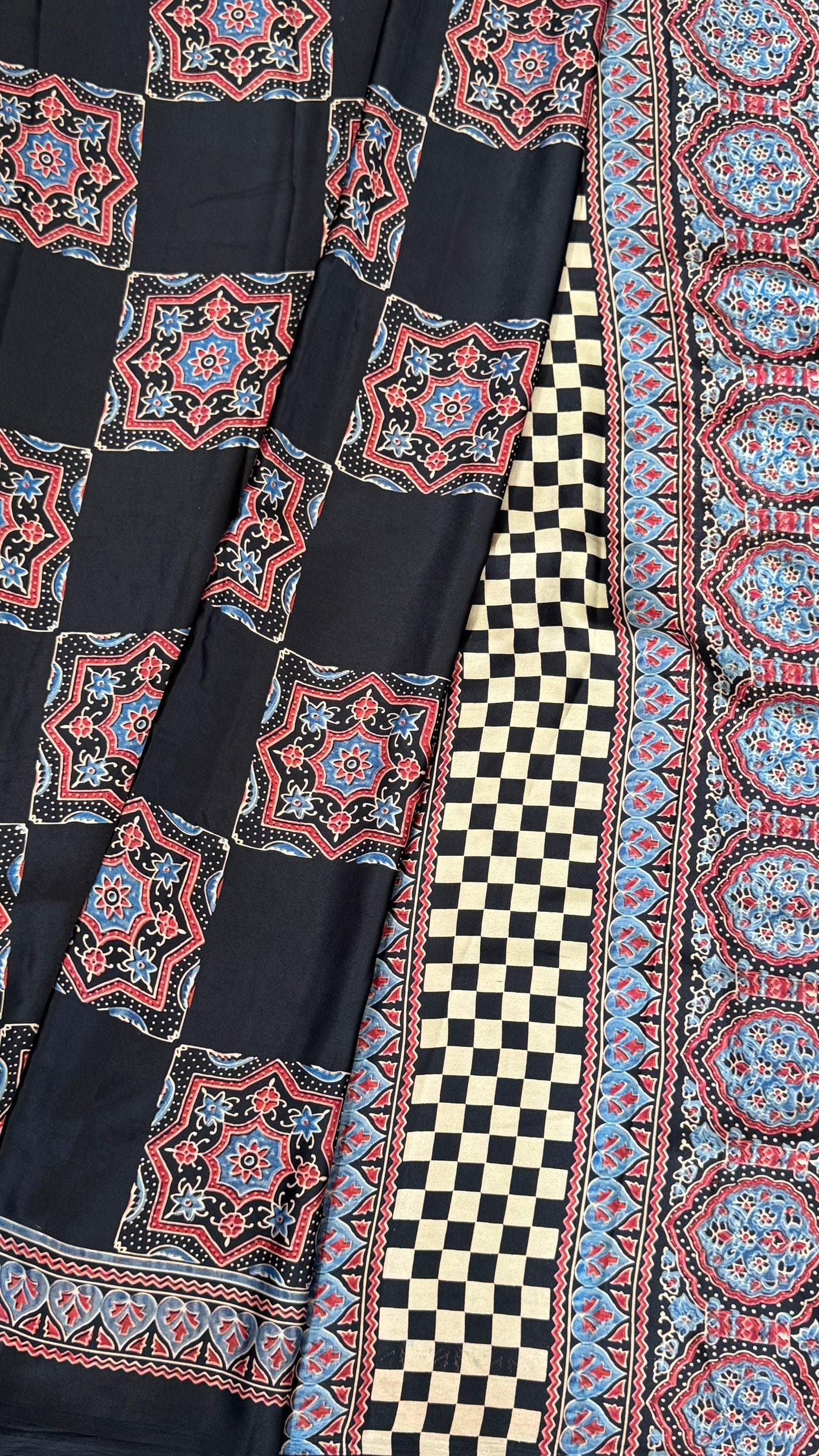 MODAL SILK SAREE WITH DIGITAL AJRAKH PRINTS - BLACK