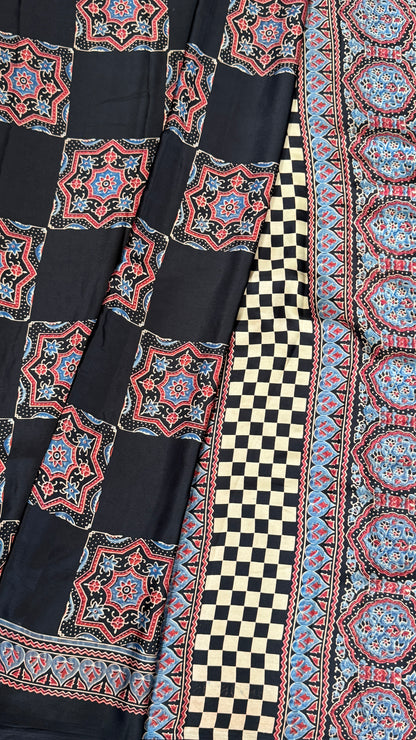 MODAL SILK SAREE WITH DIGITAL AJRAKH PRINTS - BLACK