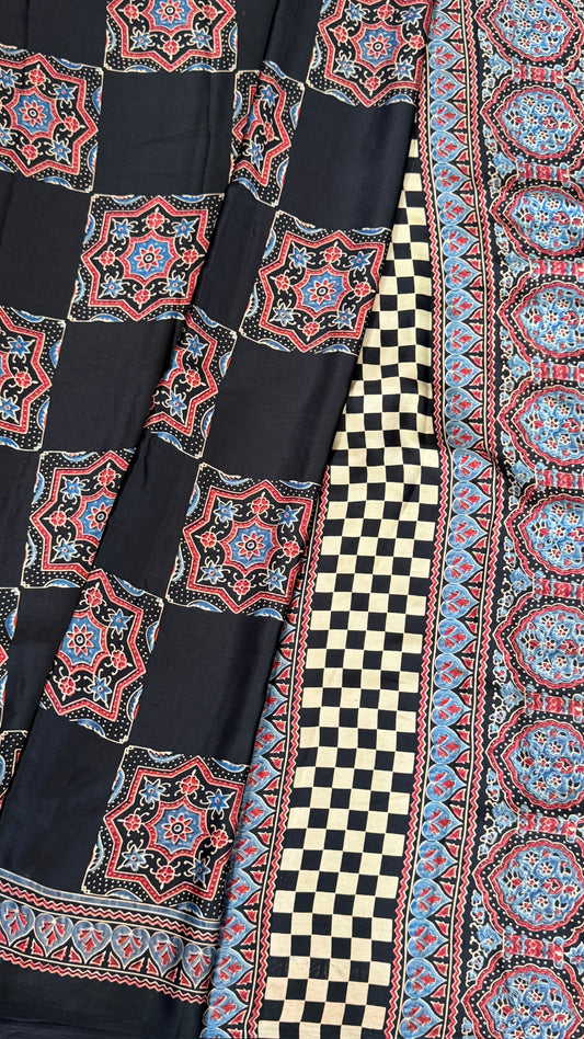 MODAL SILK SAREE WITH DIGITAL AJRAKH PRINTS - BLACK
