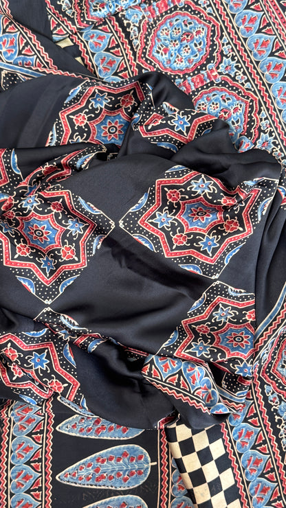 MODAL SILK SAREE WITH DIGITAL AJRAKH PRINTS - BLACK