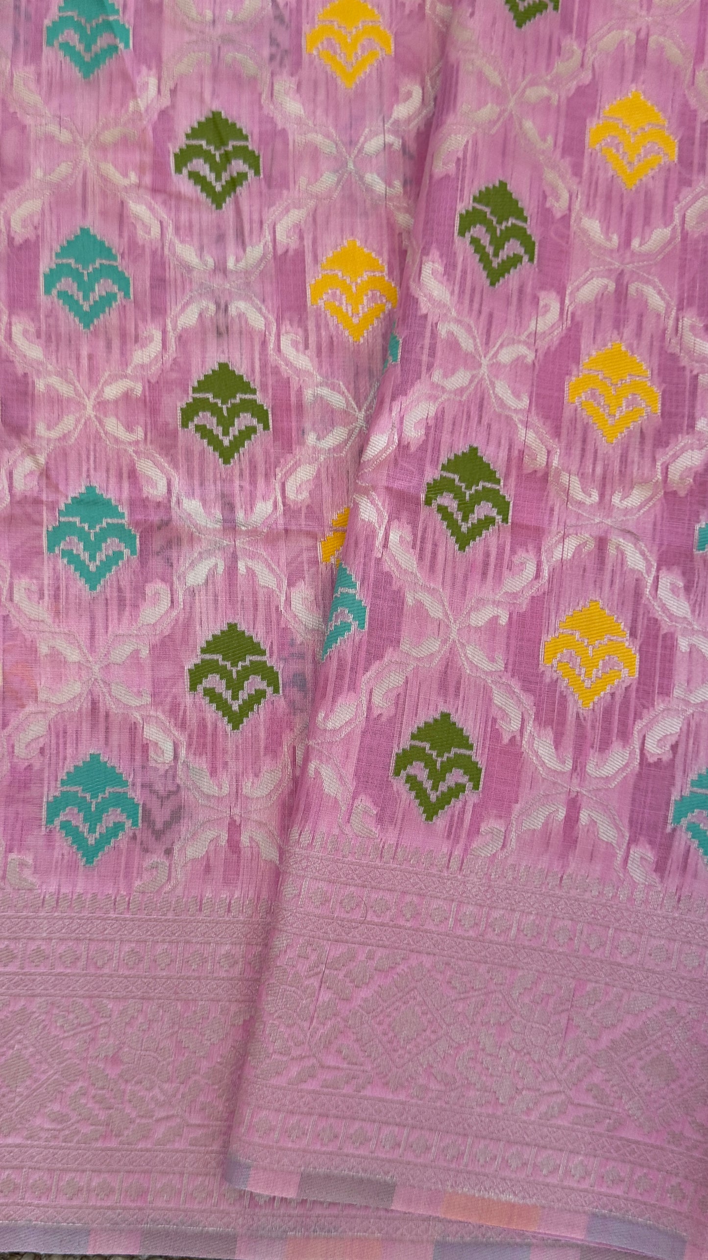 Cotton Silk Saree – Baby Pink with Meenakari Detailing and Gold Zari border