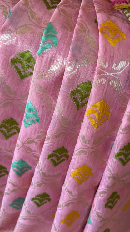 Cotton Silk Saree – Baby Pink with Meenakari Detailing and Gold Zari border