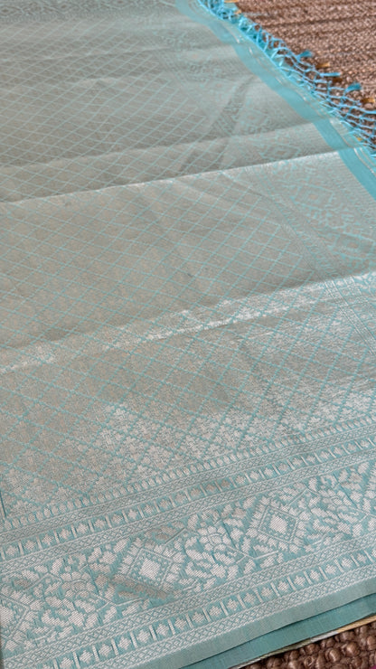 Cotton Silk Saree – Baby Blue with Meenakari Detailing and Gold Zari border