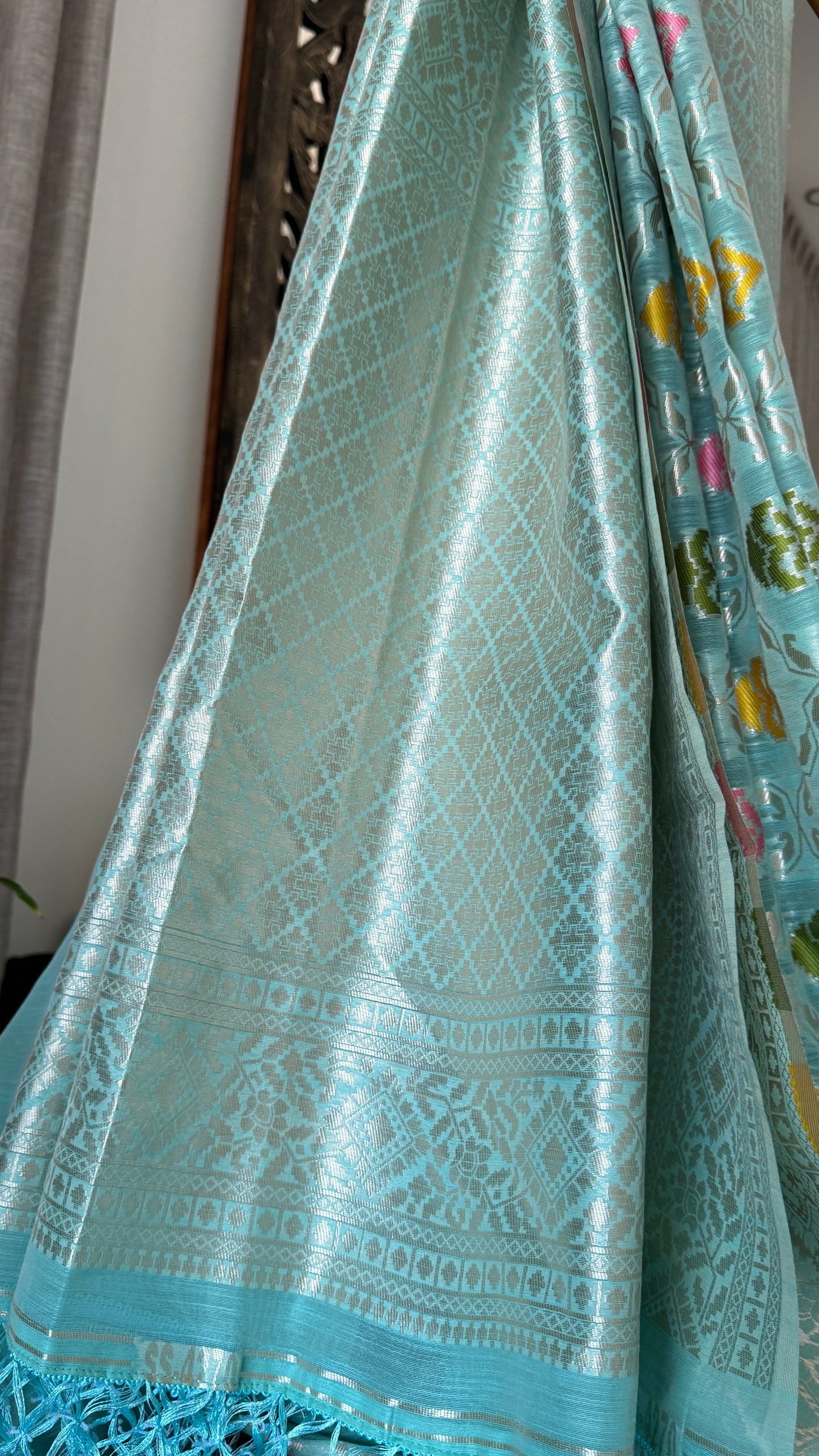 Cotton Silk Saree – Baby Blue with Meenakari Detailing and Gold Zari border