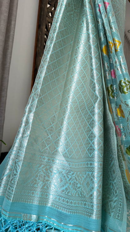 Cotton Silk Saree – Baby Blue with Meenakari Detailing and Gold Zari border