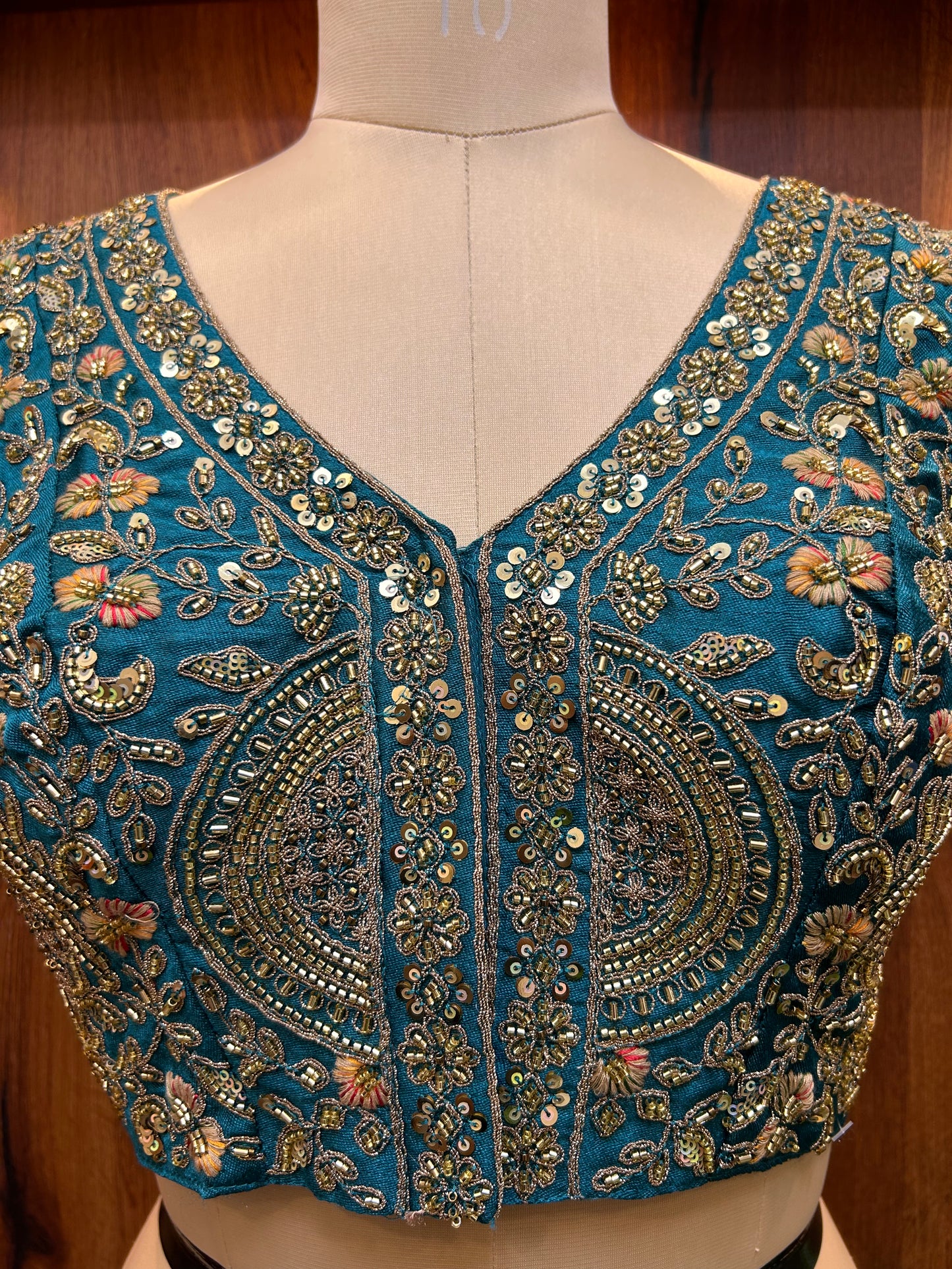 Teal Blue Hand-Embroidered Designer Blouse