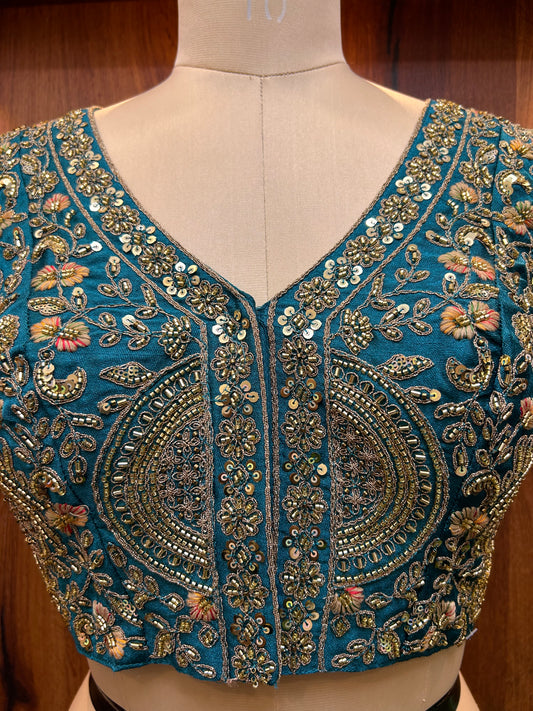Teal Blue Hand-Embroidered Designer Blouse