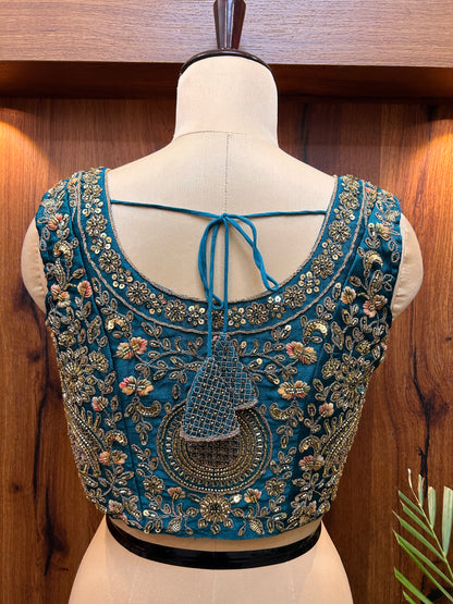 Teal Blue Hand-Embroidered Designer Blouse
