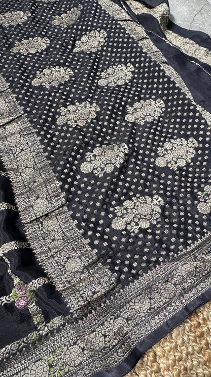 Crushed Munga Silk Banarasi Saree – Black with Meenakari Buttas