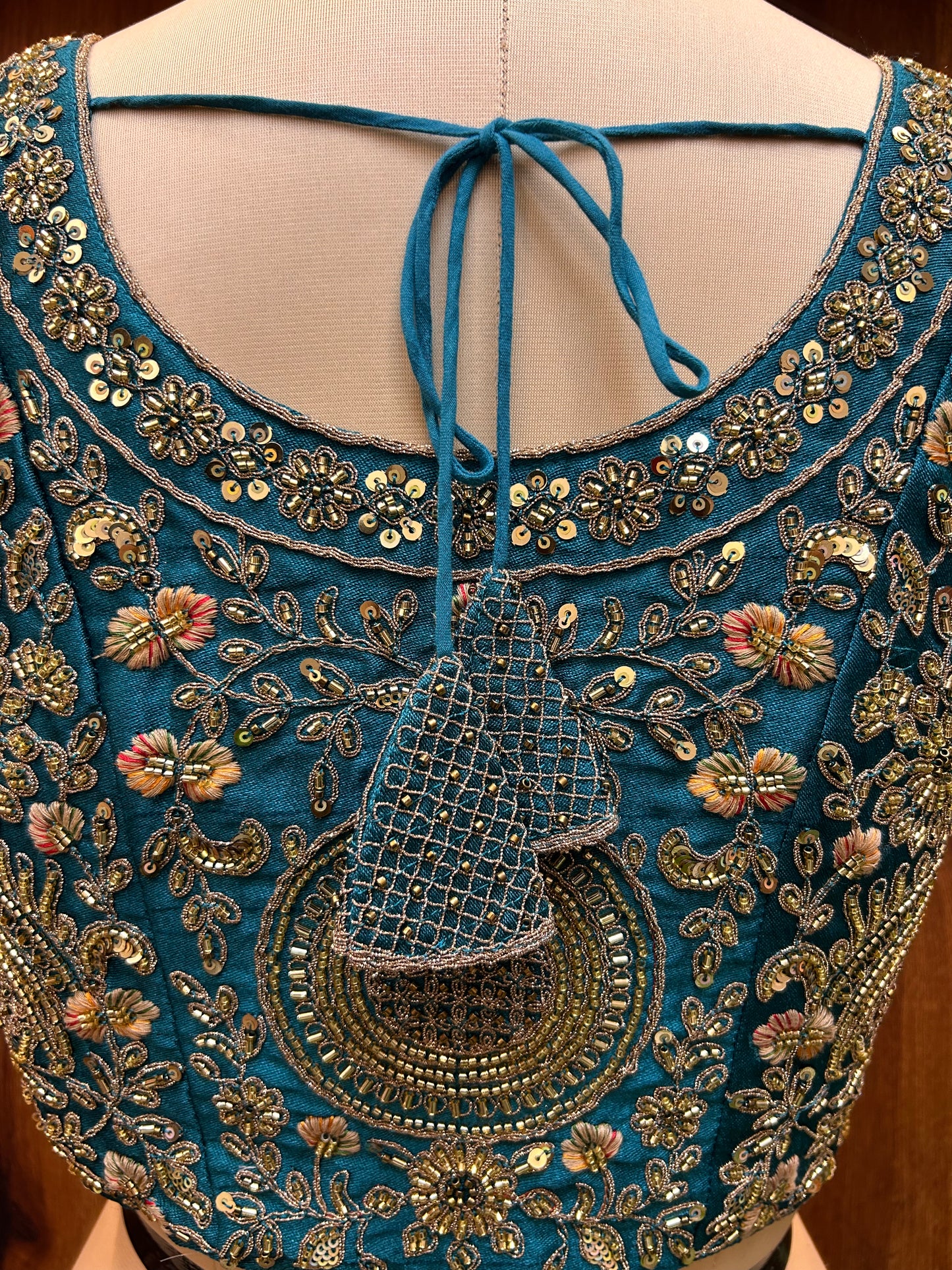 Teal Blue Hand-Embroidered Designer Blouse