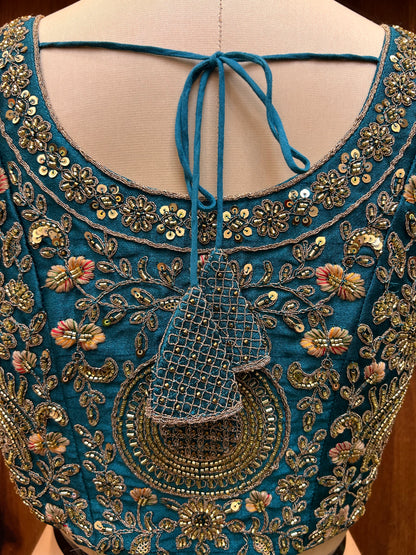 Teal Blue Hand-Embroidered Designer Blouse