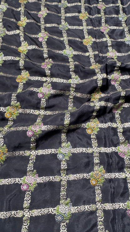 Crushed Munga Silk Banarasi Saree – Black with Meenakari Buttas